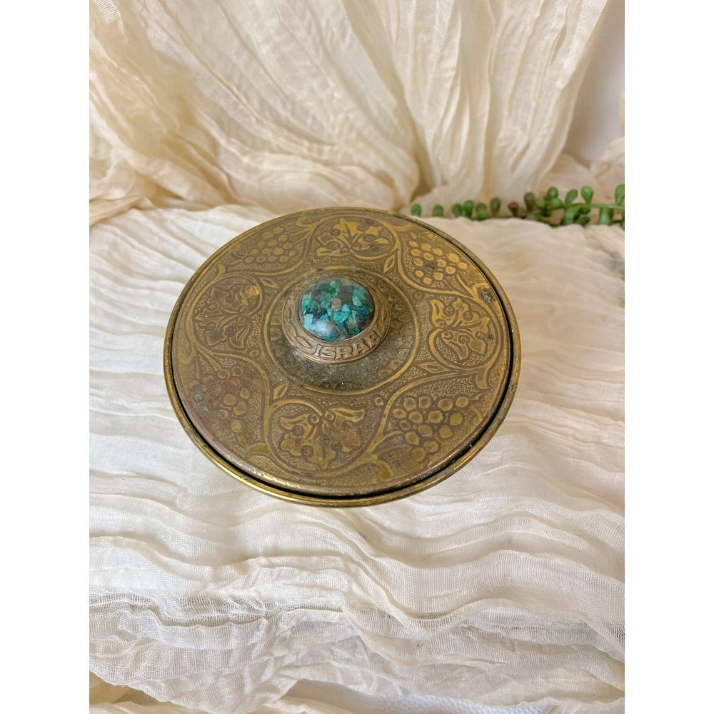 Exquisite Brass Trinket Box with Turquoise Accent